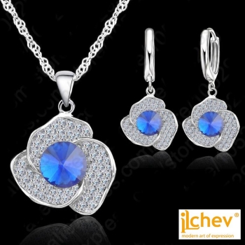 Schmuckset iLchev® Blume blau - 925 Sterling Silber mit Zirkonia