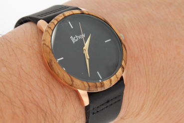 Preview: Armbanduhr iLchev® Scarlett - Massivholz Zebraholz mit Armband Leder schwarz