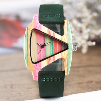 Armbanduhr iLchev® Rainbow - Bambus Armband Leder grün