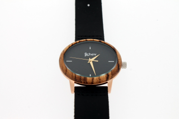 Preview: Armbanduhr iLchev® Scarlett - Massivholz Zebraholz mit Armband Leder schwarz