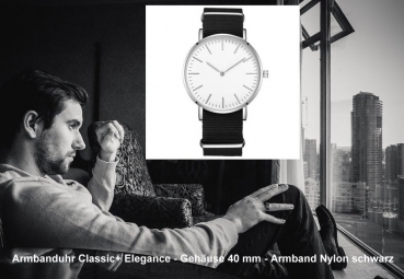 Armbanduhr Classic+ Elegance - Gehäuse 40 mm - Armband Nylon schwarz