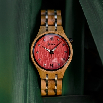 Preview: Armbanduhr iLchev® Eden red - Massivholz Olivenholz mit Edelstahl