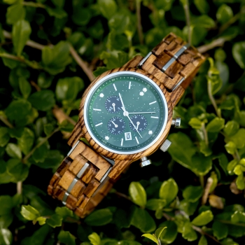 Preview: Armbanduhr iLchev® Hannah grün - Massivholz Zebraholz mit Edelstahl