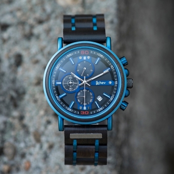 Preview: Armbanduhr iLchev® Jonathan blau - Massivholz Ebenholz mit Edelstahl