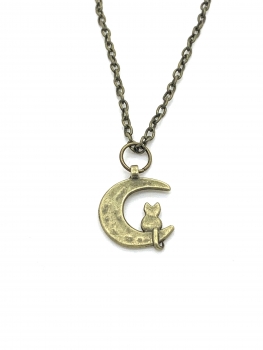 Anhänger Katze auf dem Mond mit Kette 50 cm in Bronze antik