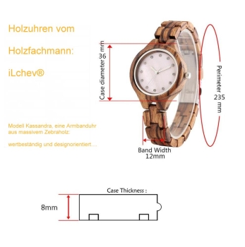 Preview: Armbanduhr iLchev® Lara white - Massivholz Zebraholz mit Edelstahl