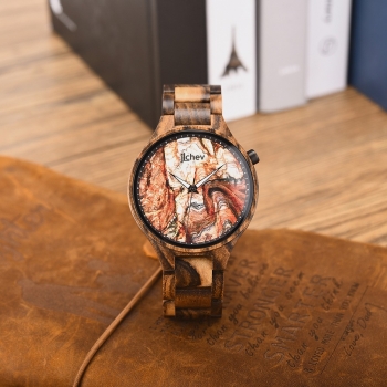 Preview: Armbanduhr iLchev® Marmor rot - Massivholz Nussbaumholz