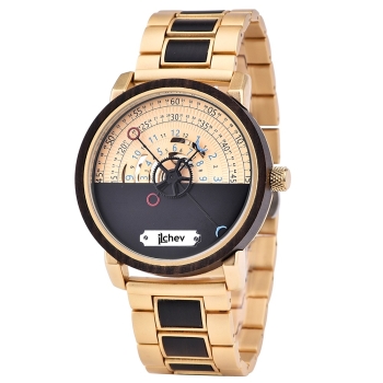 Armbanduhr iLchev® Sailing gold - Massivholz Ebenholz mit Edelstahl